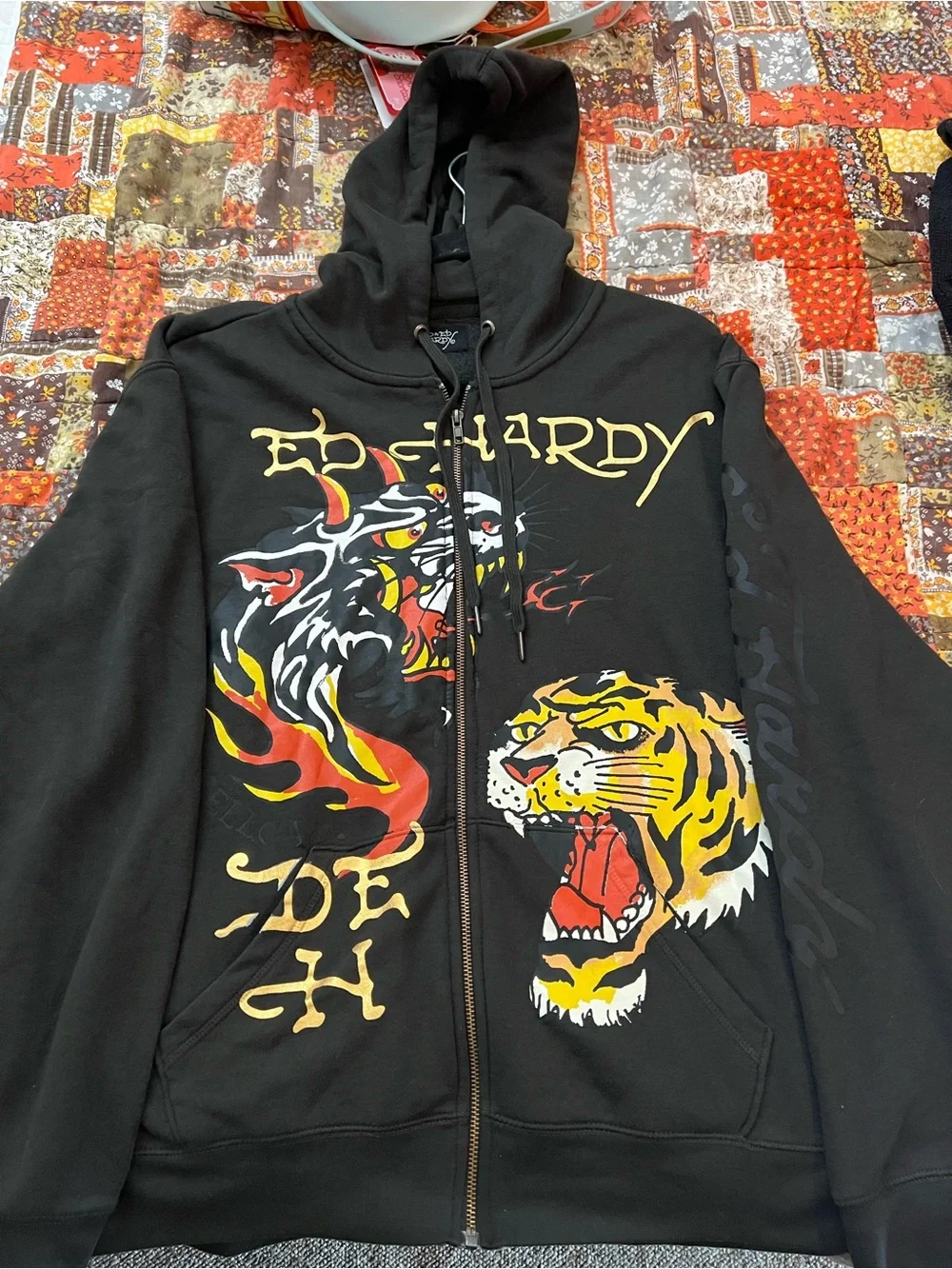 Ed Hardy Zip-Up Hoodie with Tiger & Flame Graphics